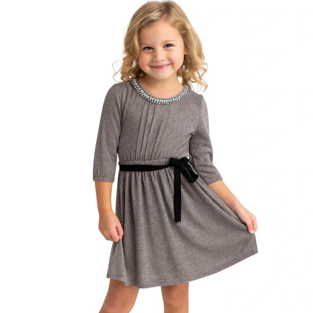 Monteau Girl Dress Heather Grey Embellished Neckline Tie Waist Pearls Rhinestone